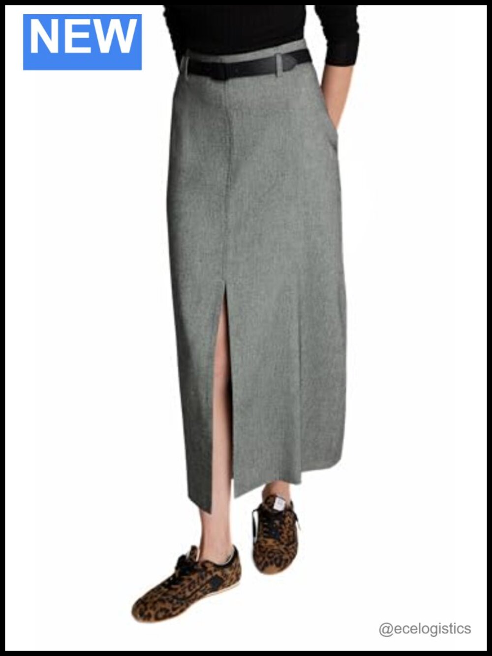 Womens Herringbone Pencil Midi Skirt Front Slit Office Wear